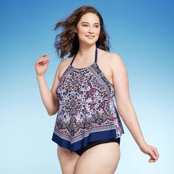 Women's Plus Size Halter Cinch Tankini Top - Kona Sol Multi Floral 1X - Picture 1 of 6